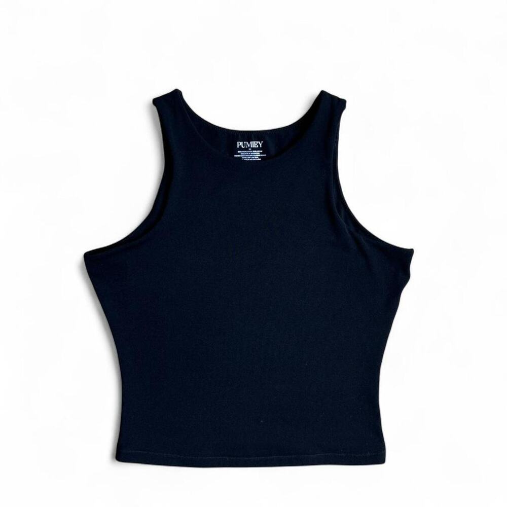 Black High Neck Sleeveless Tank Top Minimalist Fitted Stretch Basic Women's XS